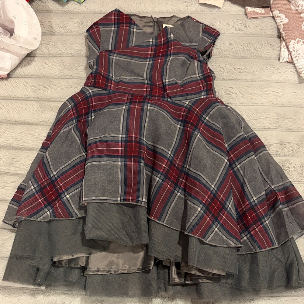Joyfolie Gray and Red Plaid Kids Dress